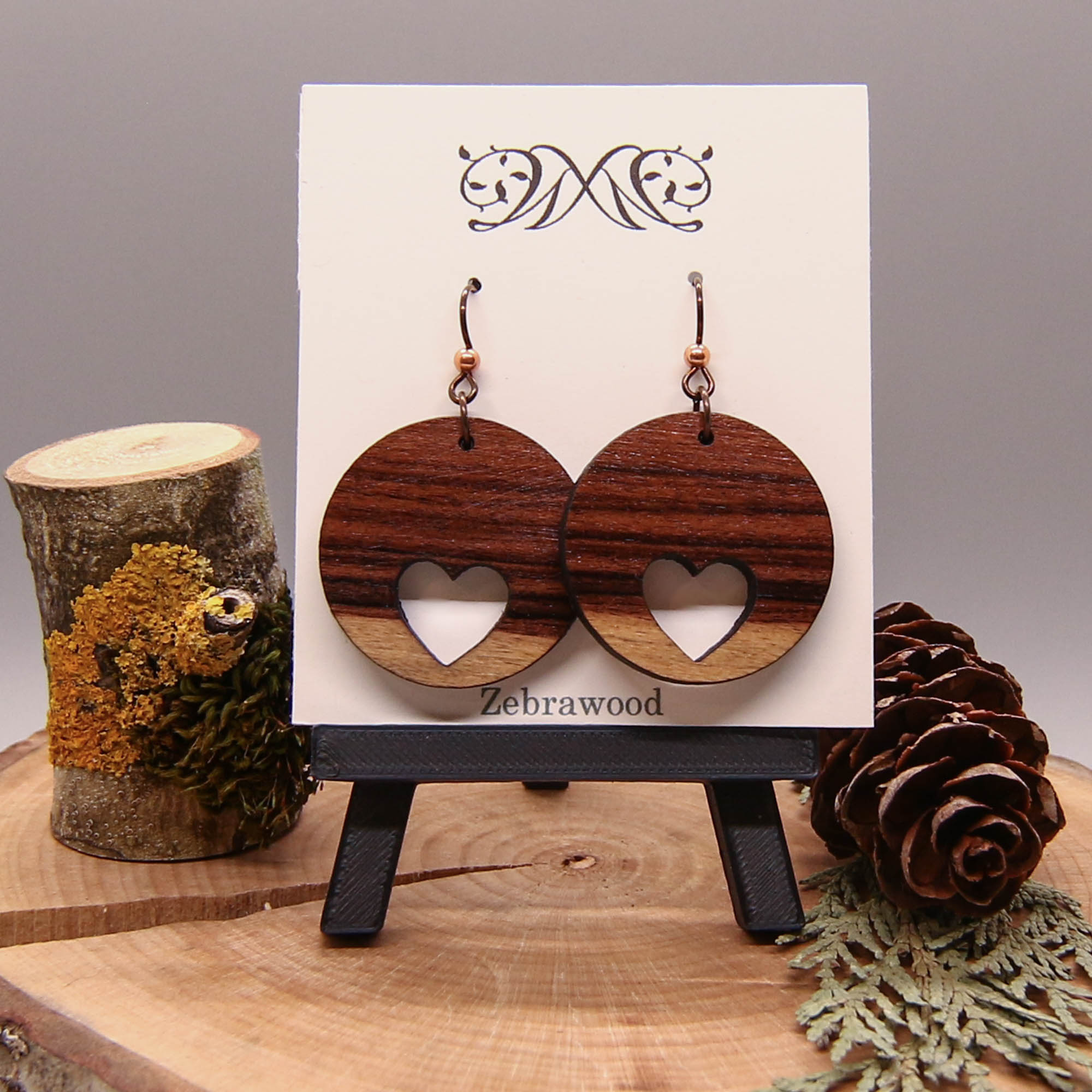 Encircled Heart Earrings - Exotic Zebra Wood