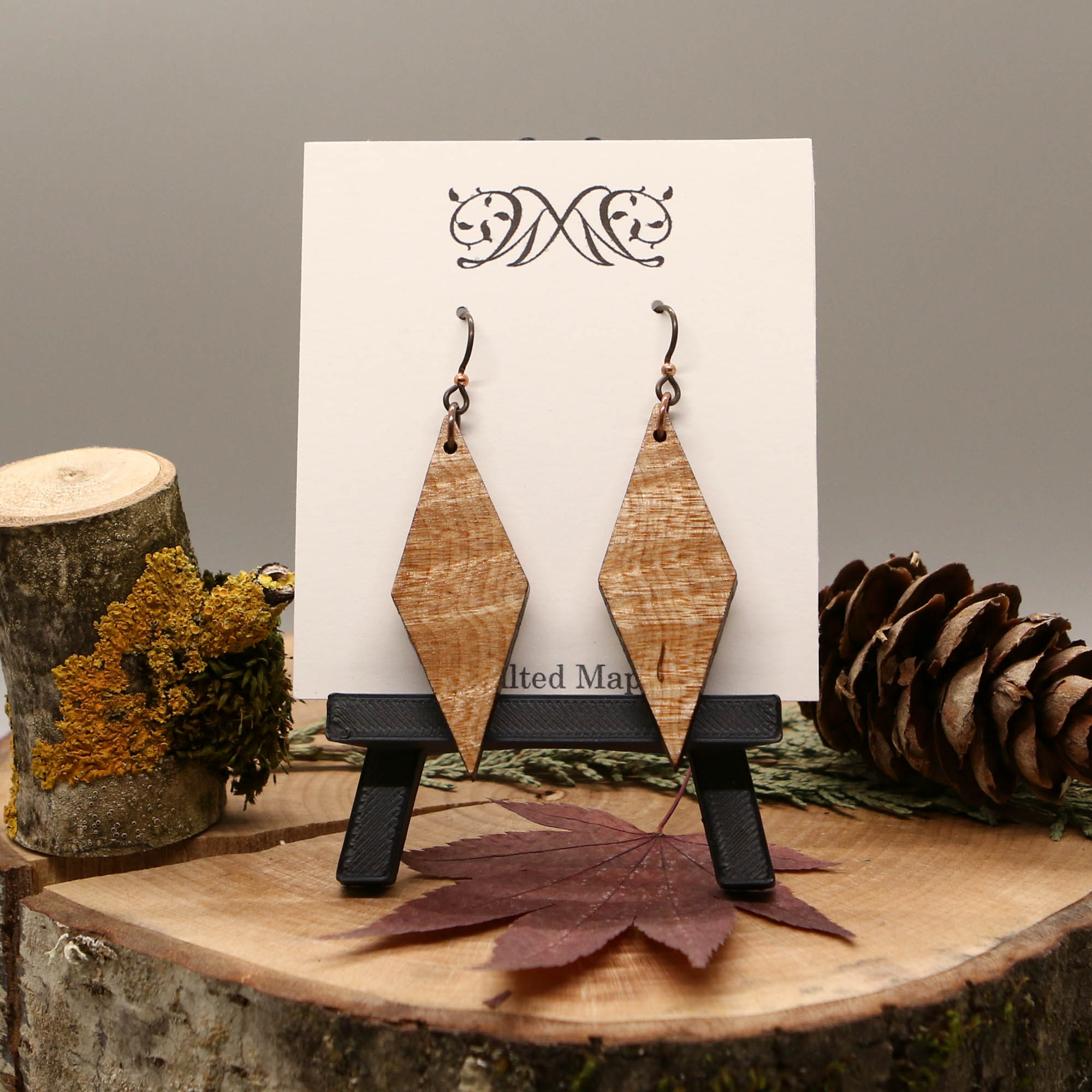 Long Diamond Earrings - Quilted Maple