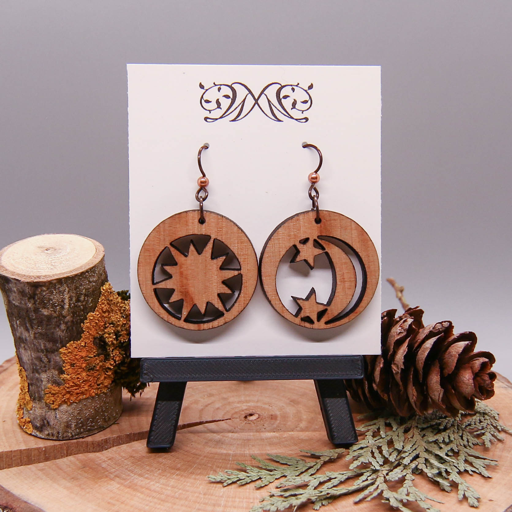 Sun & Moon Earrings - Solid Wood