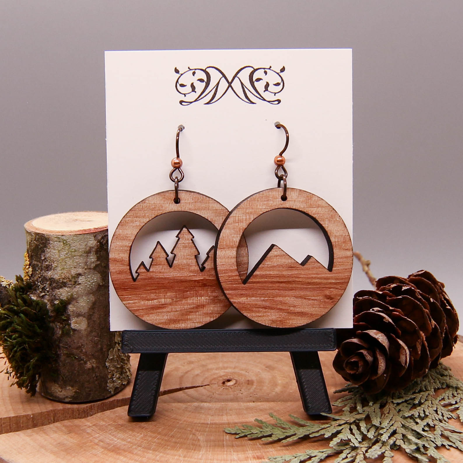 Tree and Mountain Earrings - Solid Wood